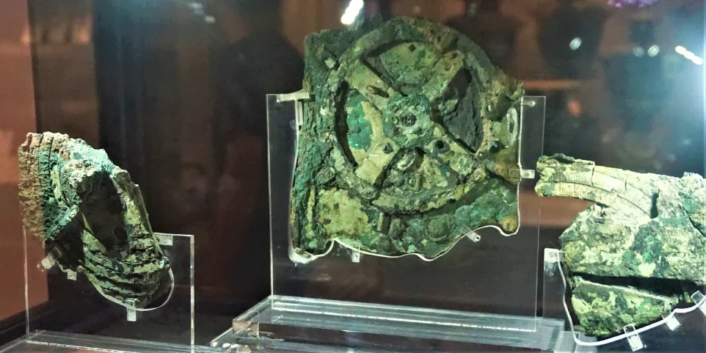 Fragments of the Antikythera mechanism displayed in Athens