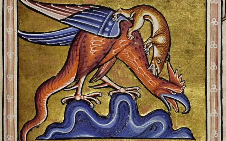 Medieval illustration of a basilisk in the Aberdeen Bestiary.