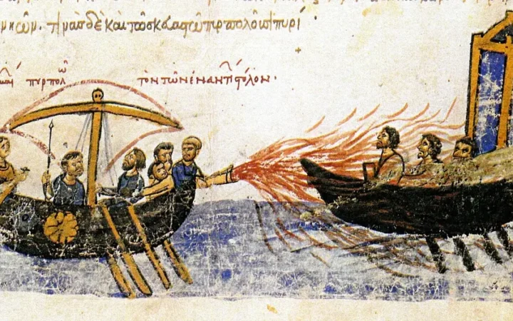 Medieval manuscript scene showing Greek fire projected between ships.