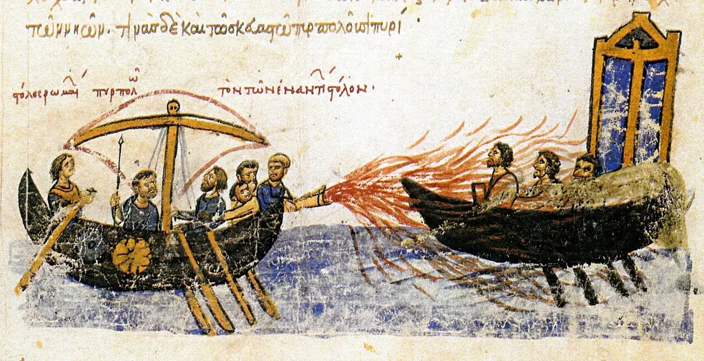 Medieval manuscript scene showing Greek fire projected between ships.