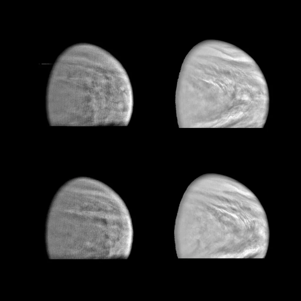Venus clouds in violet and near-infrared views from Galileo; not natural-color surface views
