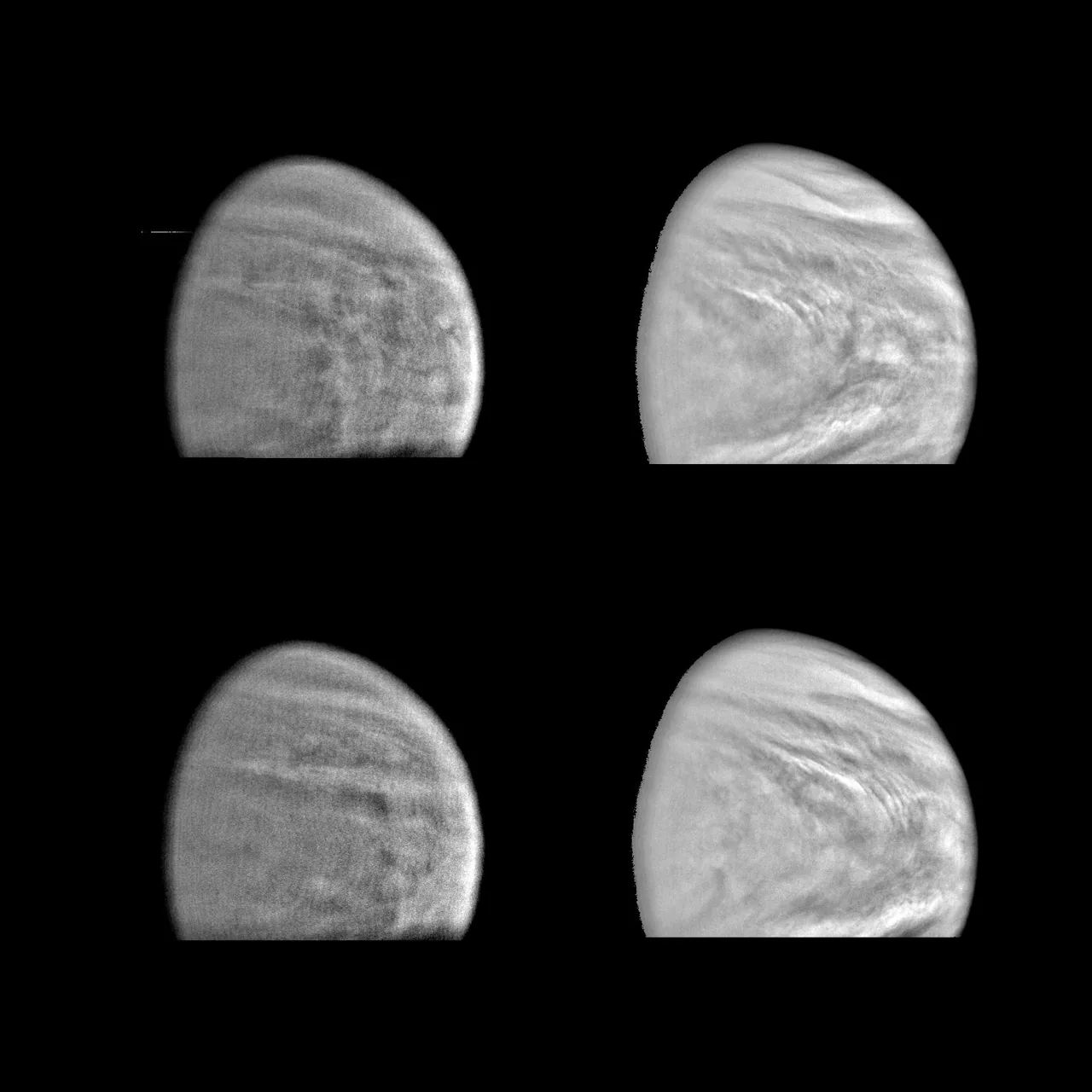 Venus clouds in violet and near-infrared views from Galileo; not natural-color surface views