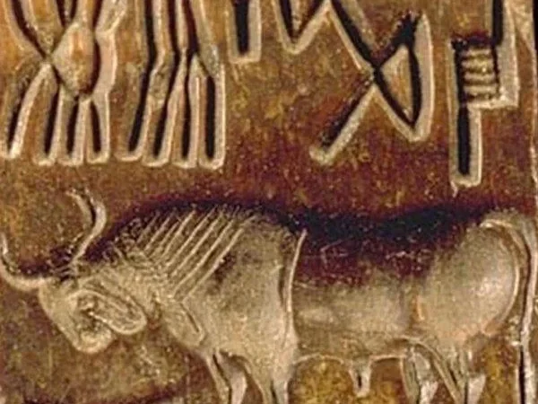 Carved Indus seal with animal motif and signs