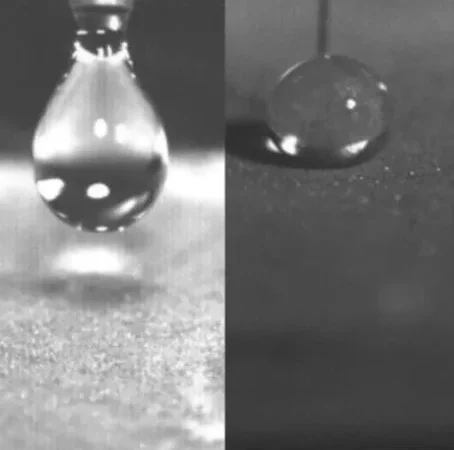Water droplets on contrasting glass surfaces in a self-cleaning material test