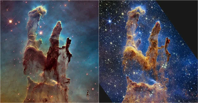 Comparison of telescope views of the Pillars of Creation