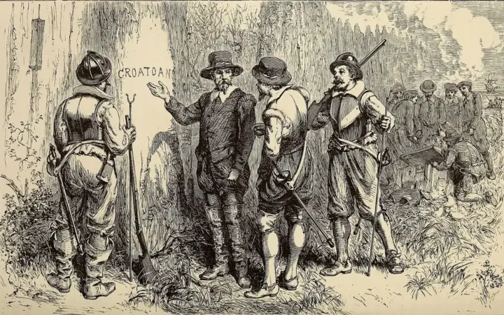 Nineteenth-century engraving showing the searchers reading the Croatoan carving.