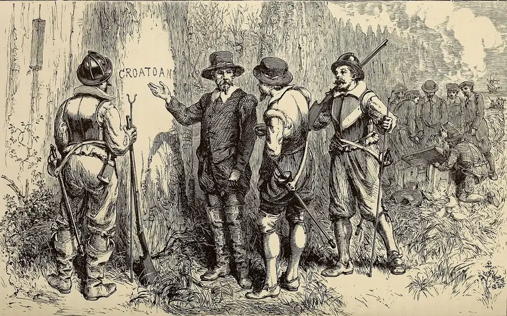 Nineteenth-century engraving showing the searchers reading the Croatoan carving.