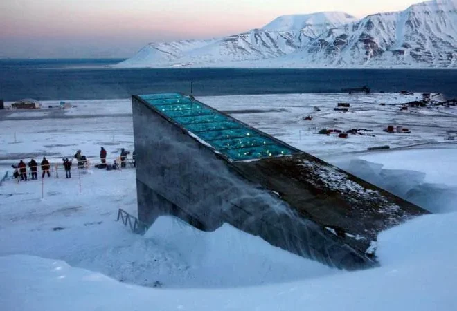 Snow-covered entrance of the Svalbard Global Seed Vault