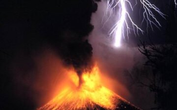 Lightning within an eruption cloud above Mount Rinjani in 1994
