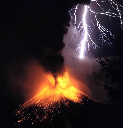 Lightning within an eruption cloud above Mount Rinjani in 1994
