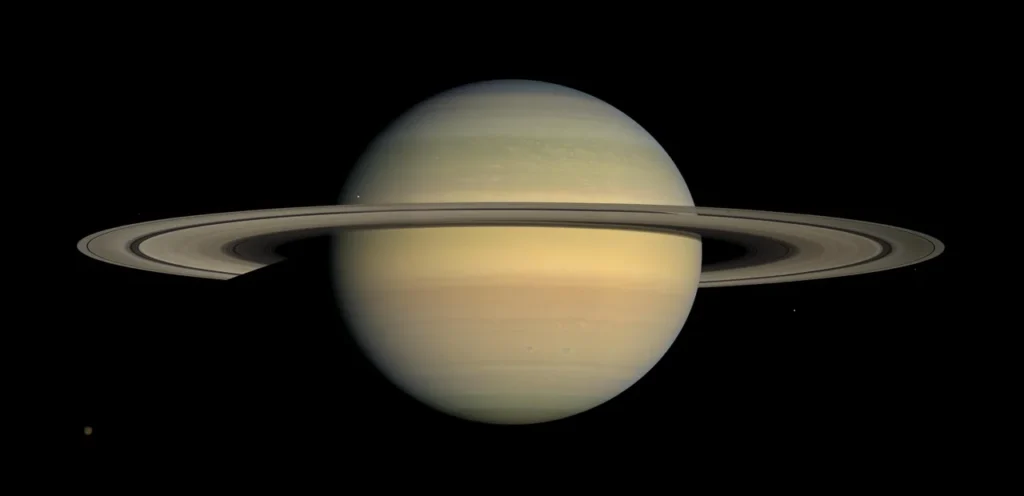 Saturn and its broad ring system in a Cassini image mosaic