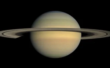 Saturn and its broad ring system in a Cassini image mosaic