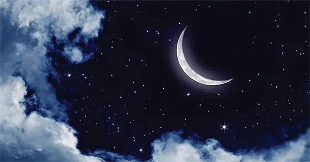 Night-sky illustration with stars and a crescent Moon